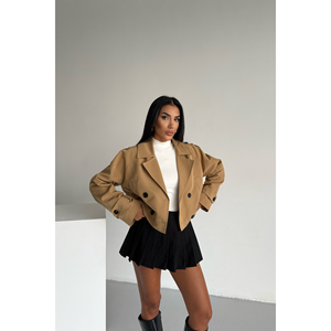 ASTARLI Gabardina Vintage de Doble Botonadura para Mujer, Diseño Estampado Impermeable de Algodón Vaquero Color Camel, Larga y Corta para Primavera y Otoño - Product Image 6