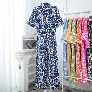 Due pezzi Set <span class=keywords><strong>abbigliamento</strong></span> <span class=keywords><strong>donna</strong></span> girocollo elegante camicetta stampa vita elastica pantaloni larghi - Product Image 2