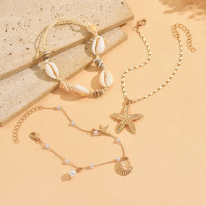 Chevillères Bohèmes en Alliage de Zinc Étanche Plaqué Or 3 Pièces/Ensemble, Chaîne de Cheville Étoile de Mer et Coquillage pour Femme, Idéales pour l'Été et la Plage - Product Image 3