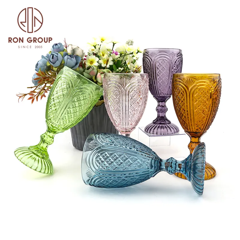 wholesale cheap price wedding vintage champagne blue amber water wine cups colored glassware pink goblets