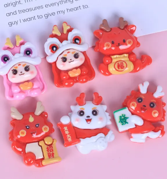 2024 bulan Cina Tahun Baru hiasan kuku emas merah muda cabochon manik stiker kuku naga kawaii flatback untuk casing ponsel perhiasan