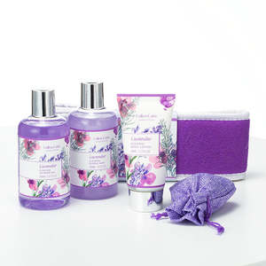 Vente en gros à prix d'usine panier personnalisé parfumé à la lavande violette Ensemble de <span class=keywords><strong>bain</strong></span> gel douche lotion pour le corps pour spa à domicile OEM & ODM - Product Image 4