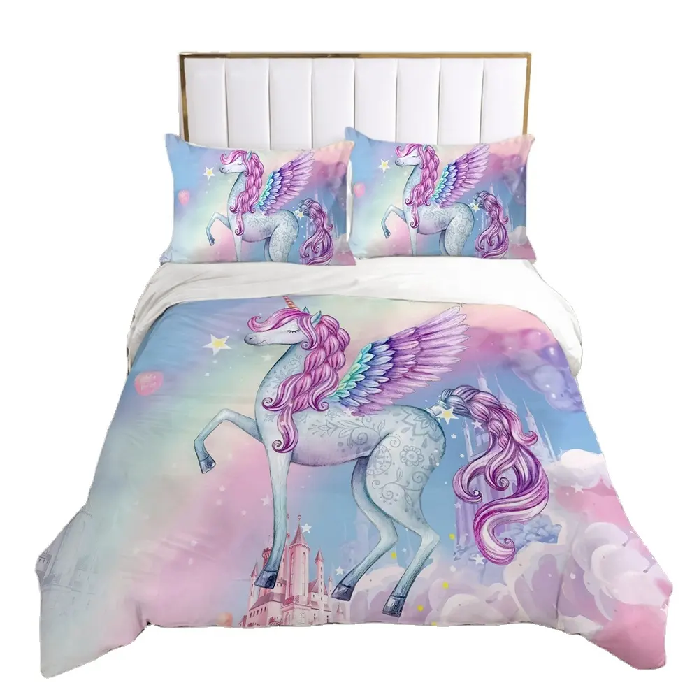 Set tempat tidur Digital Unicorn, Set selimut penutup serat mikro 3 buah sarung bantal