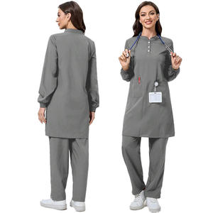 Para <span class=keywords><strong>SHEIN</strong></span> TaskFit 2 uds azul Color sólido minimalista enfermería Scrub uniforme conjunto botón frontal <span class=keywords><strong>manga</strong></span> <span class=keywords><strong>larga</strong></span> Hospital Doctor camisa - Product Image 4
