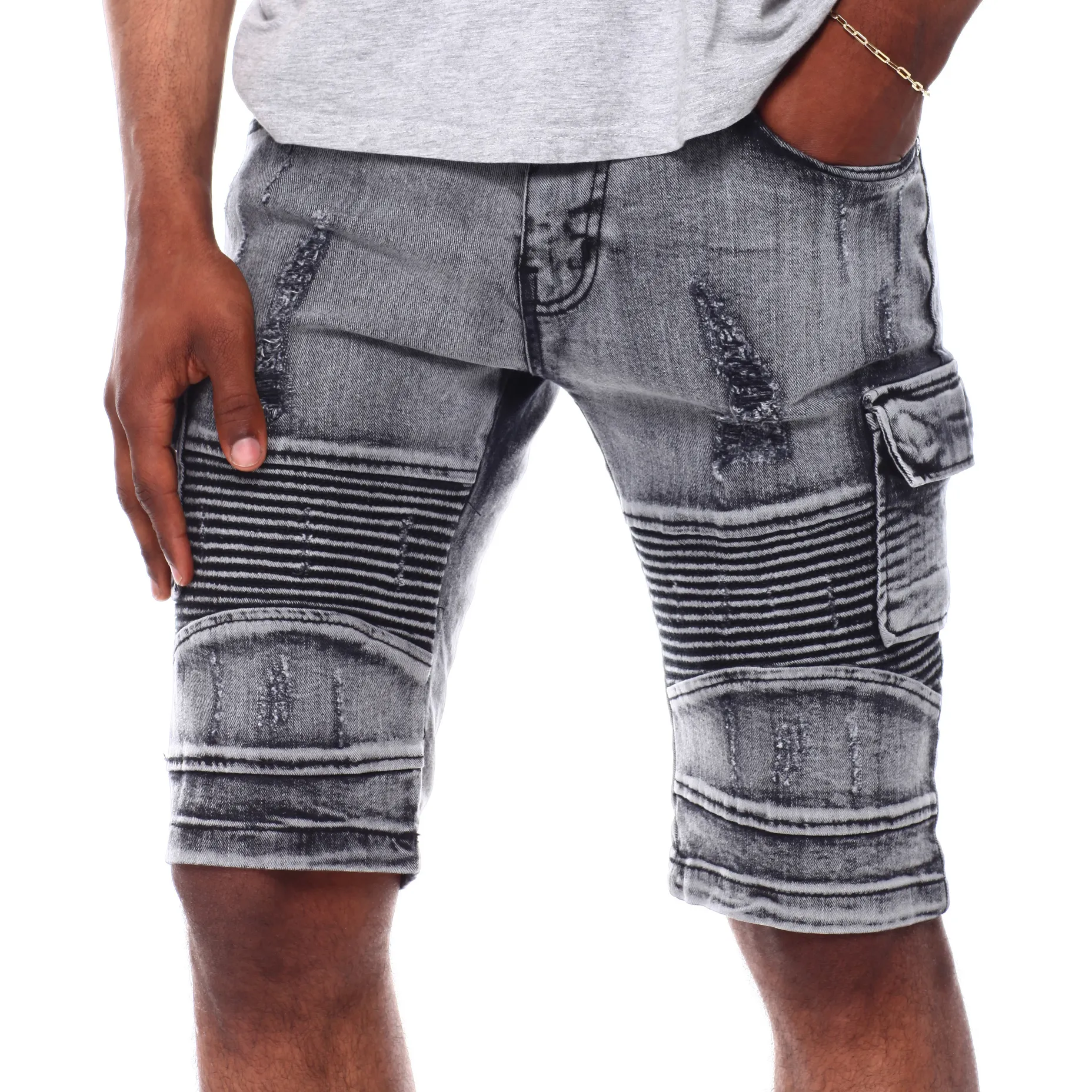 Custom Designers Men's Short Jeans AeeDenim Men's 4 pockets Disdressed Ripped Stretch Skinny Slim fit Denim Shorts Men