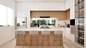 Armoires de cuisine modernes et confortables en bois avec décoration cannelée, évier en mélamine, sur mesure pour appartement - Product Image 6