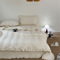 Ensemble de couvre-lit matelassé en coton 100% Oeko-Tex, bordure à volants, couture artisanale, décoration de chambre à coucher européenne, ensemble de couvre-lit uni, literie de couleur unie