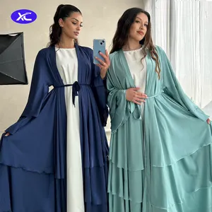 Abaya 2024 Islamic Clothing 3 Layers Chiffon Open Abaya Modesty Style Muslim Big Hem Dress Cardigan Women's Dresses