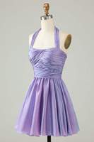 Robe Courte de Soirée Plissée en Satin Métallisé Lavande à Col Halter Sans Manches Coupe Trapèze Mini pour Cocktail et Fêtes - Ocstrade Fashion