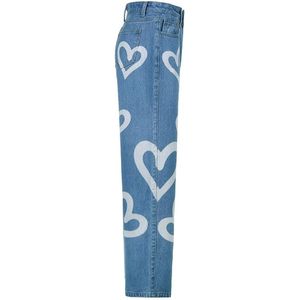 Jeans taille haute imprimé cœur jambes larges style vintage pour femmes coupe ample pantalon streetwear en denim pour adolescentes - Product Image 5