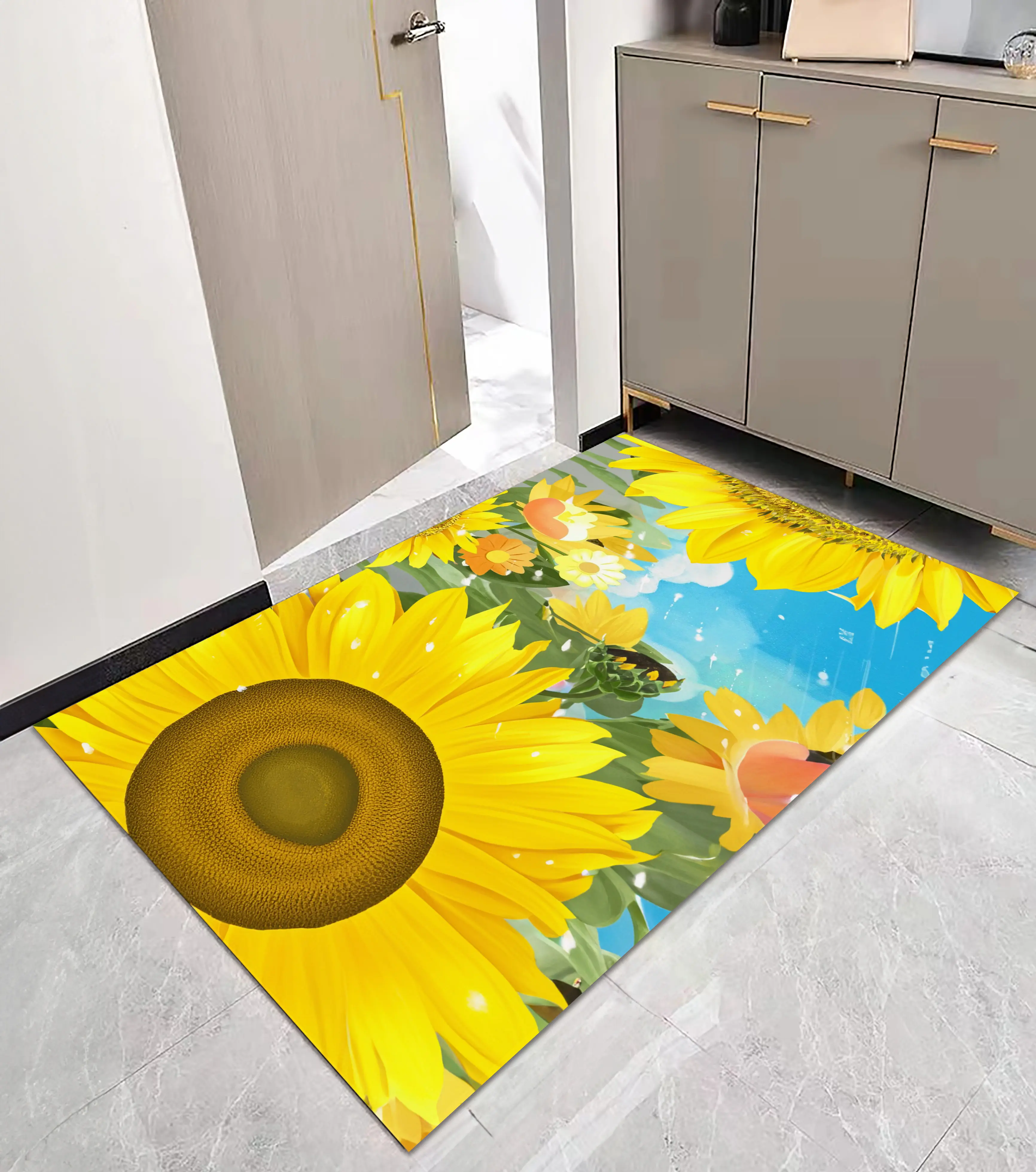 Wholesale Non Slip Cheap Price Private Home Non-Woven Fabric Point Plastic Bottom Sunflower Pattern Entry Door Mat