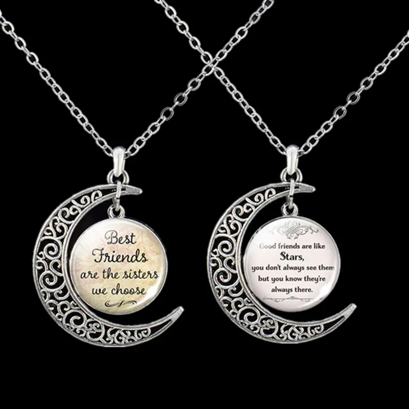 Friendship Jewelry "Best Friends Are the Sisters We Choose" Glass Cabochon Necklace "Soul Sister" Crescent Moon Pendant Necklace