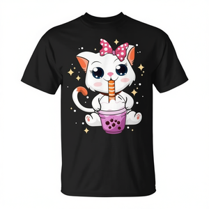 Camiseta Kawaii de Gato Anime Neko con Diseño Personalizable de Bebida Boba, Té de Burbujas y Tapioca para Niños - Product Image 3
