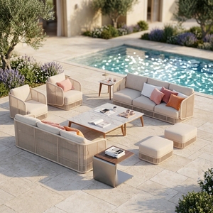 Ensemble <span class=keywords><strong>de</strong></span> canapés modulaires <span class=keywords><strong>de</strong></span> luxe modernes <span class=keywords><strong>pour</strong></span> l'extérieur, structure en aluminium résistant aux intempéries, accents en teck, mobilier <span class=keywords><strong>de</strong></span> <span class=keywords><strong>jardin</strong></span> sectionnel <span class=keywords><strong>pour</strong></span> <span class=keywords><strong>terrasse</strong></span> d'hôtel, patio - Product Image 1