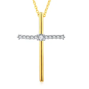 YILUN Gold Plated E-Coated 925 Sterling Silver Necklace Cuban Shape CZ Cross Pendant with Tarnish Free Jewelry