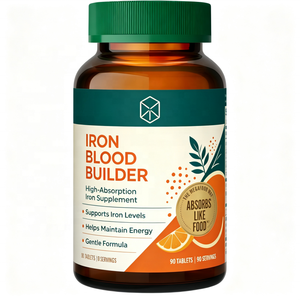 Comprimés de fer pour la croissance sanguine sous marque privée pour femmes et hommes, enrichis en <span class=keywords><strong>B12</strong></span>, acide folique et vitamine C pour stimuler l'absorption du fer, végétaliens, sans OGM, 30 comprimés - Product Image 1