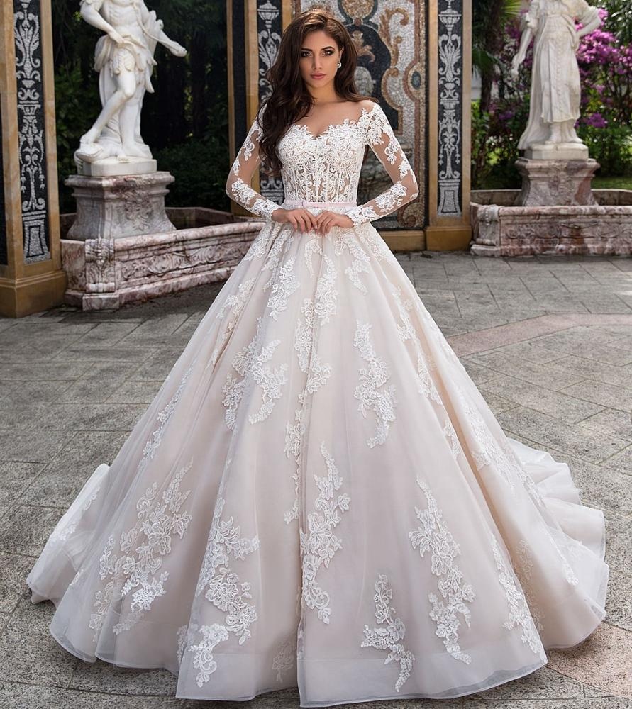 strapless open back dress Princess Long A-line Sheer Back Floral White Wedding Dress with Sequin –  FancyVestido main image 1