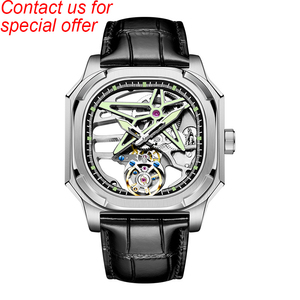 Montre de luxe squelette carrée à tourbillon pour homme, cadran étoilé ajouré, bracelet en cuir noir, montre-bracelet mécanique rétro - Product Image 3