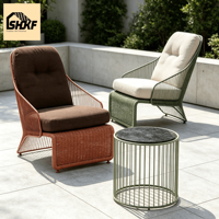 Ensemble de salon de jardin en corde tressée avec structure en aluminium, deux tailles, dossier haut et bas, table d'appoint avec plateau en marbre, pour extérieur, cour et villa