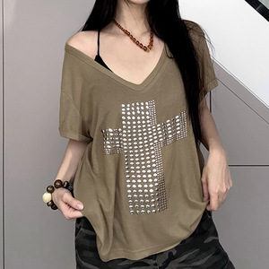 Asian Street <span class=keywords><strong>Rock</strong></span> Cross Hot Copper <span class=keywords><strong>T</strong></span>-<span class=keywords><strong>shirt</strong></span> d'é<span class=keywords><strong>t</strong></span>é décontracté à manches courtes pour femmes, épaules dénudées, teint uni, tricoté, taille 2XL, chaud - Product Image 3