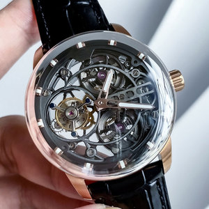 Montres mécaniques à tourbillon squelette, boîtier en or rose de 40mm, bracelet en cuir, cadran en verre saphir en dôme, montre pour hommes SM1046 - Product Image 1