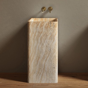 Lavabo travertino amarillo-Fregadero de pedestal de piedra artificial, Cuadrado independiente para hotel y hogar - Product Image 1