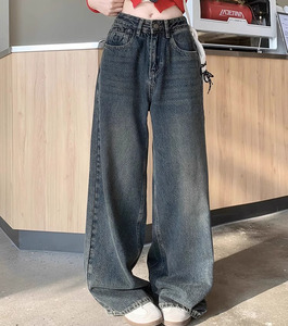 Jean large en denim bleu à carreaux patchwork taille haute coupe droite 100 % coton pour femme, collection 2026 - Product Image 4