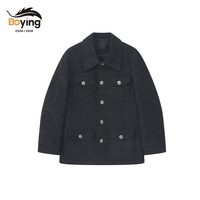 Özel Tasarım Erkek Kömür Rengi Yün Karışımlı İşçi Ceketi Dört Cepli Gümüş Düğmeli Gömlek Yaka Kışlık Mont OEM ODM