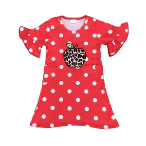 Летнее платье для девочек, красное леопардовое платье с вышивкой яблока, летнее школьное платье, Оптовая продажа