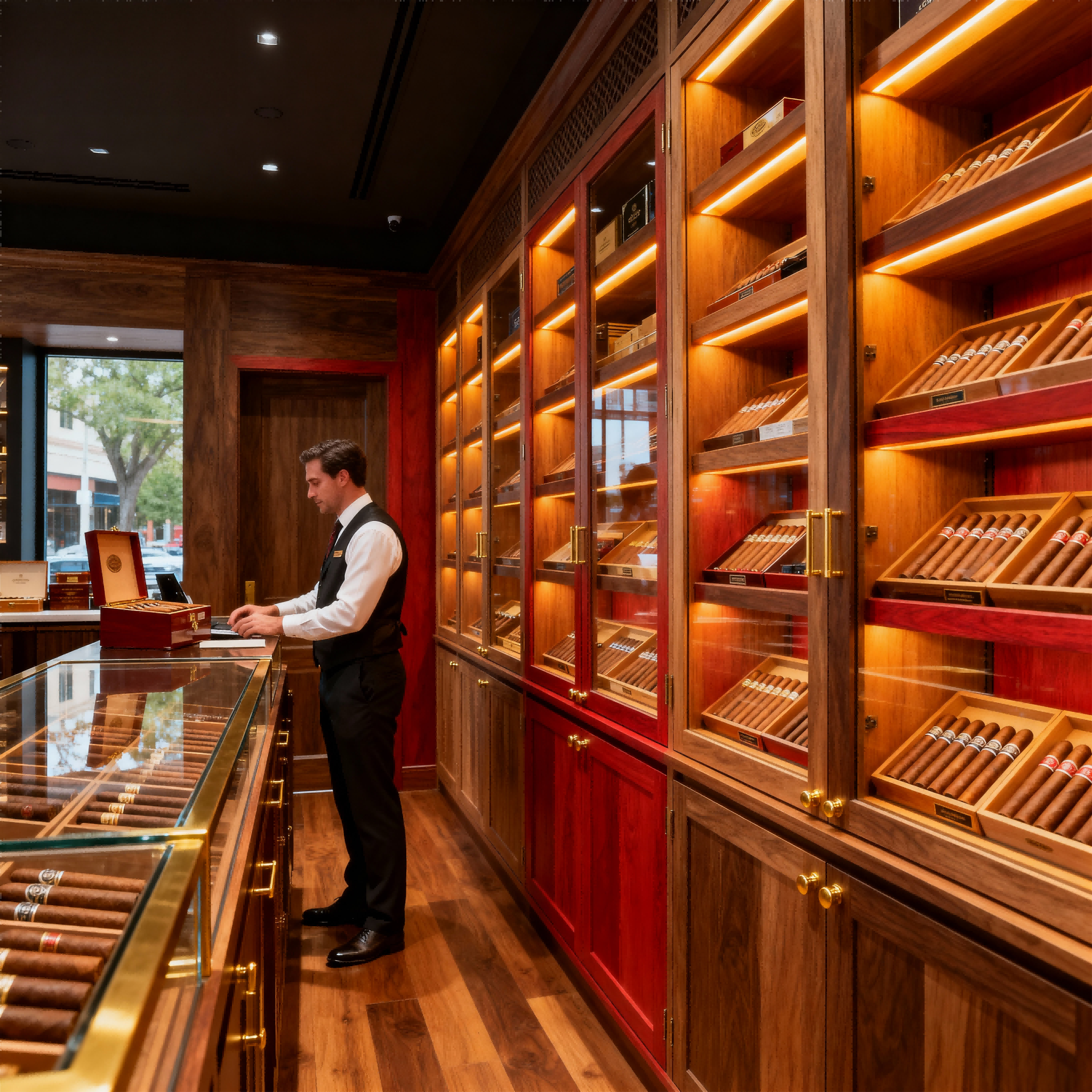Exhibición de humidor de nogal con cadena de cigarros