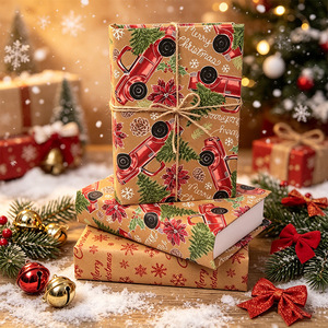 Papier d'emballage cadeau de Noël recyclable en kraft, impression couleur recto-verso, grande taille pour emballage cadeau et artisanat - Product Image 2