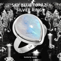 Bague en argent sterling S925 avec pierre précieuse naturelle, plaquée rhodium, topaze bleu ciel, bague de luxe pour mariage, fiançailles, anniversaire