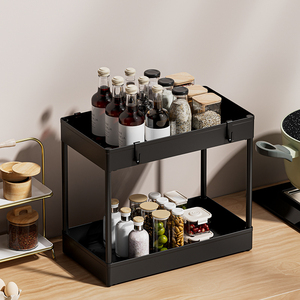 2 tầng trượt Tủ giỏ tổ chức ngăn kéo với móc đa mục đích loại bỏ bồn rửa màu đen lưu trữ giá phòng tắm nhà bếp Máy tính để bàn - Product Image 1