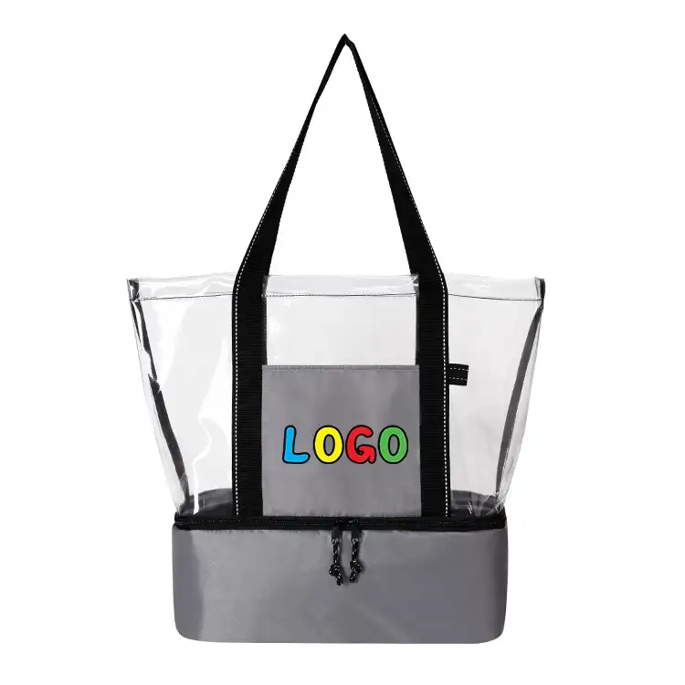 Benutzer definiertes Logo Große wieder verwendbare transparente PVC-Einkaufstaschen aus Kunststoff mit kühlerer Lebensmittel tasche
