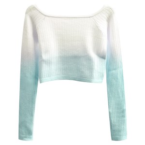 Top de punto acanalado con efecto degradado y efecto tie-dye para niñas, estilo cruzado, con hombros descubiertos, manga larga, corto, tipo suéter de ballet, para calentamiento y cobertura en danza - Product Image 5