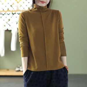 Derong Women's Half High Neck <b>Long</b> <b>Sleeve</b> T-Shirt Beige Ginger Yellow Green Coffee Black Solid Color Splicing <b>Base</b> <b>Layer</b> Slim - Product Image 1