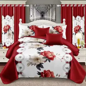 Red floral printed home textiles polyester queen size bedding 11 pcs bedspread set supplier