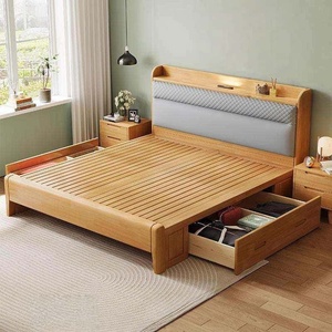 <span class=keywords><strong>Cama</strong></span> Nórdica Minimalista de Madera Maciza con Luz de Lectura LED, Respaldo Acolchado Suave y Cómodo, Muebles de Dormitorio de Lujo de Madera, Tamaño Queen - Product Image 5