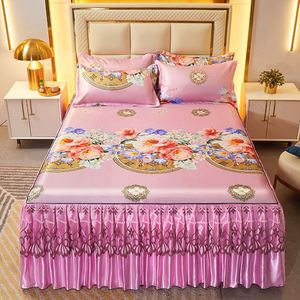 Jupe <span class=keywords><strong>de</strong></span> <span class=keywords><strong>lit</strong></span> en soie glacée avec dentelle, style parisien, motif fleurs, pour l'été, ensemble <span class=keywords><strong>de</strong></span> literie avec 2 taies <span class=keywords><strong>d</strong></span>'oreiller + jupe <span class=keywords><strong>de</strong></span> <span class=keywords><strong>lit</strong></span>, tailles Full, Queen, King - Product Image 1