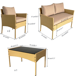 Ensemble de meubles de patio en rotin PE 4 pièces, ensemble de canapé de jardin d'extérieur avec coussins imperméables et table basse en verre pour la cour - Product Image 3