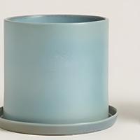Vases décoratifs en céramique Art Déco bleu poussière mat cylindriques avec trous de drainage et soucoupes