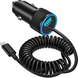 Cargador de coche con doble carga rápida QC3.0, cable USB Lightning con conector tipo resorte para dispositivos Apple, salida de 18W - Product Image 1