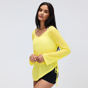 <span class=keywords><strong>Camiseta</strong></span> de yoga transparente de manga larga para mujer, cuello en V, cintura con cordón, ajuste holgado, para fitness y entrenamiento - Product Image 4