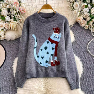 Pull pour femmes, nouvelle arrivée printemps, col rond, manches longues, coupe ajustée, imprimé <span class=keywords><strong>chat</strong></span> mignon - Product Image 4