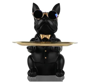 Resin Pitbull Tray Piggy Bank Statue Tabletop Tea Table Decoration (Black)