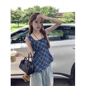 Débardeur Rétro Bleu à Carreaux pour Femme, Coupe Ajustée, Sans Manches, Col Carré, Tissu Tissé Polyester/Coton - Product Image 2