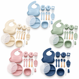 OEM Custom 13 Piece Silicone Baby Feeding Set with Wooden Handle Utensils and Storage <strong>Bag</strong> - Product Image 5