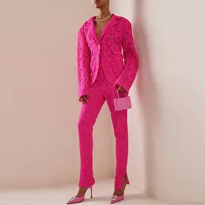 A7877 Fashionable women business suit fuchsia floral hollow-out blaze and long pant casual Women suits