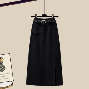 Estación de invierno de gran tamaño de dos piezas conjunto de mujer Retro de punto largo cálido Casual cárdigan Color sólido dobladillo vestido dividido - Product Image 5