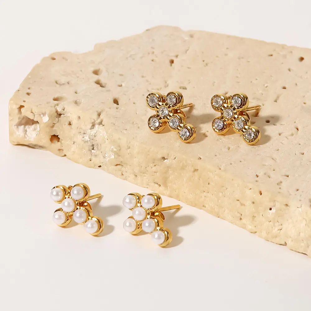 Dainty cross stud earring stainless steel 18k gold plated Rhinestone diamond pearl crucifix earrings for woman